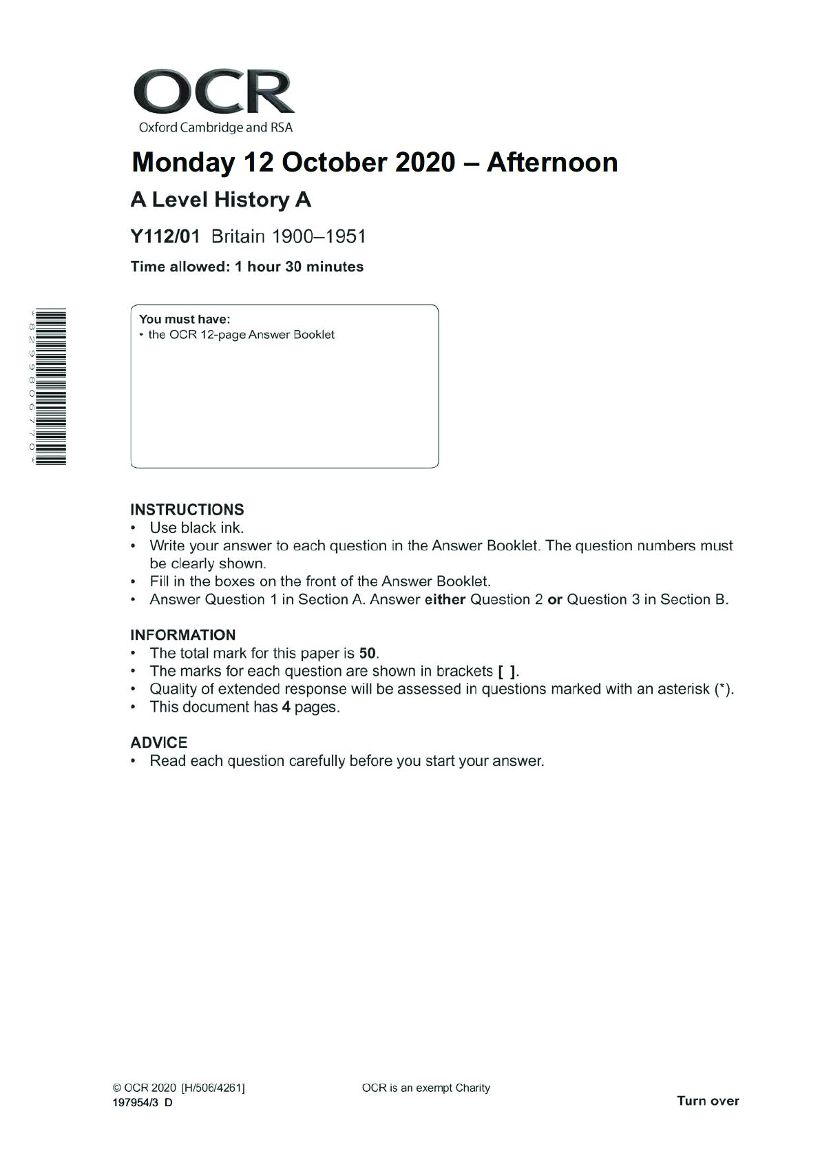 Preview of History A Y112/01: Britain 1900-1951 Advanced GCE QUESTION PAPER for November 2020
